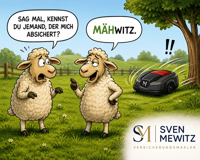 Zwei Schafe: „Sag mal, kennst du jemand, der mich absichert?" — „Mähwitz."